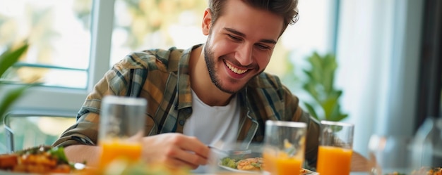 Um jovem sorridente desfruta de uma refeição à mesa