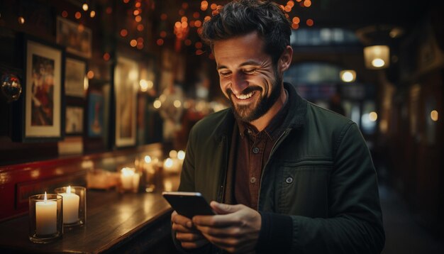 Foto um jovem sorridente segurando um smartphone desfrutando da noite gerada pela inteligência artificial