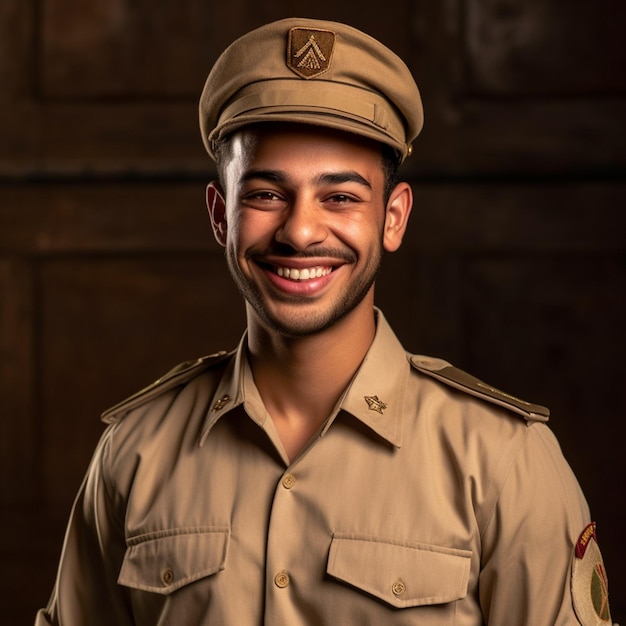 um jovem sorridente vestindo roupas do exército em fundo marrom escuro
