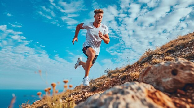 Foto um jovem subindo uma colina em corrida durante o fundo