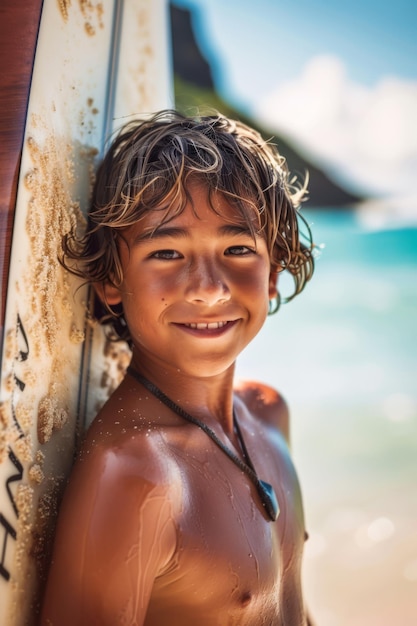 Um jovem surfista na praia.