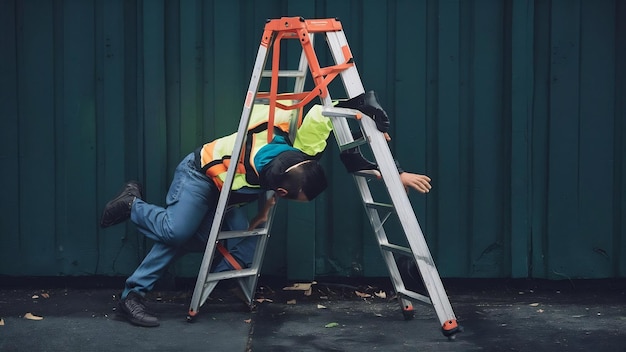 Foto um jovem técnico inconsciente caiu de uma escada na rua.