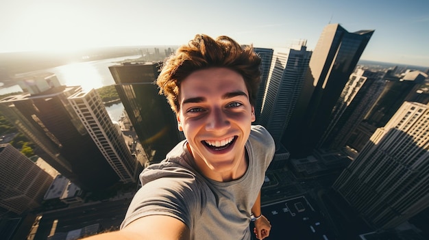 Um jovem tira uma foto de uma selfie no telhado de um arranha-céu contra o pano de fundo de uma grande cidade em um dia de verão Fotografia extremamente arriscada