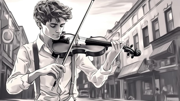 Um jovem toca violino em uma esquina de rua conceito de fantasia pintura de ilustração