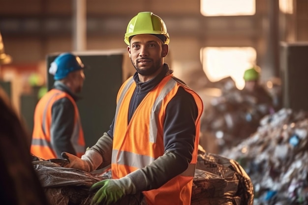 Um jovem trabalhador com colete de proteção e luvas segurando papelão enquanto trabalha com colegas no centro de classificação de lixo Conceito de reciclagem