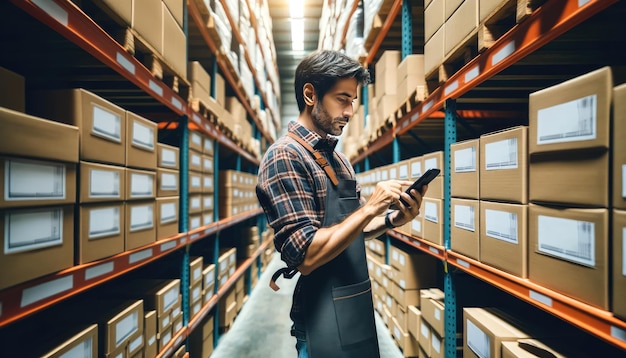 Um jovem trabalhador de armazém está concentrado em verificar os níveis de inventário usando um tablet digital em meio a fileiras de prateleiras organizadas