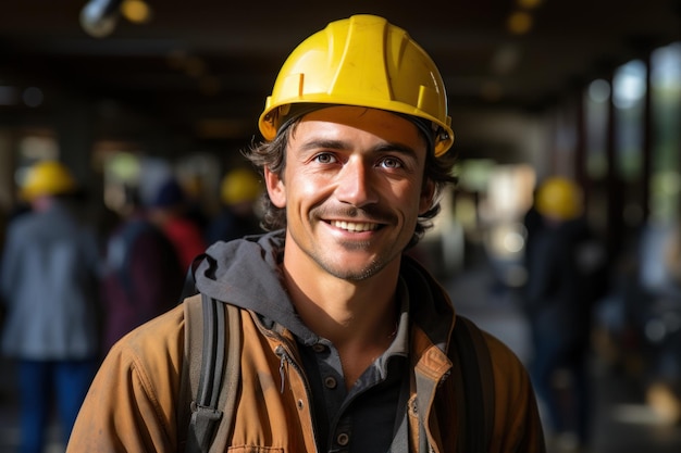 Um jovem trabalhador de construção feliz sorri usando um capacete no local de trabalho de construção e imagem de engenharia