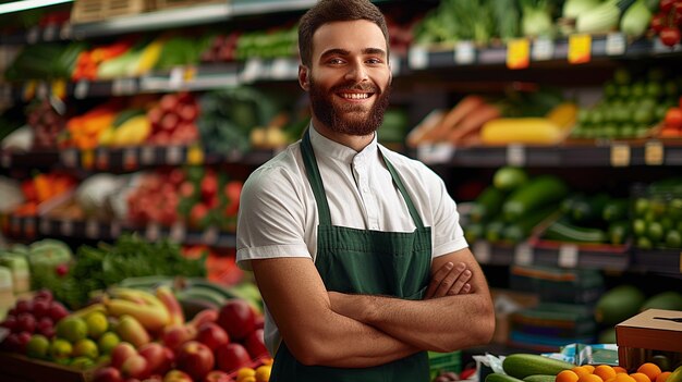 Foto um jovem trabalhador de supermercado sorridente olhando para a câmera.