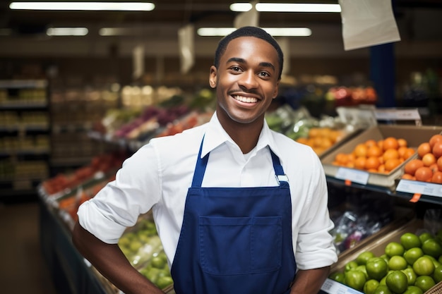 Um jovem trabalhador de supermercado sorridente olhando para a câmera.