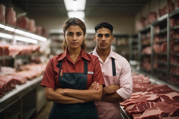 Um jovem trabalhador masculino e feminino com uniforme de trabalho fica em um açougue
