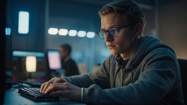 Um jovem trabalhando em um laptop à noite Desenhista freelancer ou administrador de sistemas tarde no trabalho