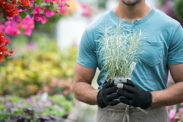 Um jovem trabalhando em uma estufa cheia de plantas com flores