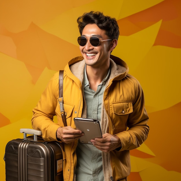 Foto um jovem turista feliz segurando um passaporte de férias