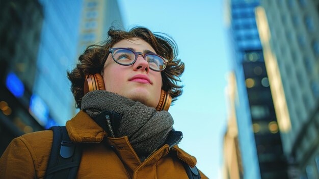 Um jovem usando fones de ouvido enquanto caminha em um ambiente urbano