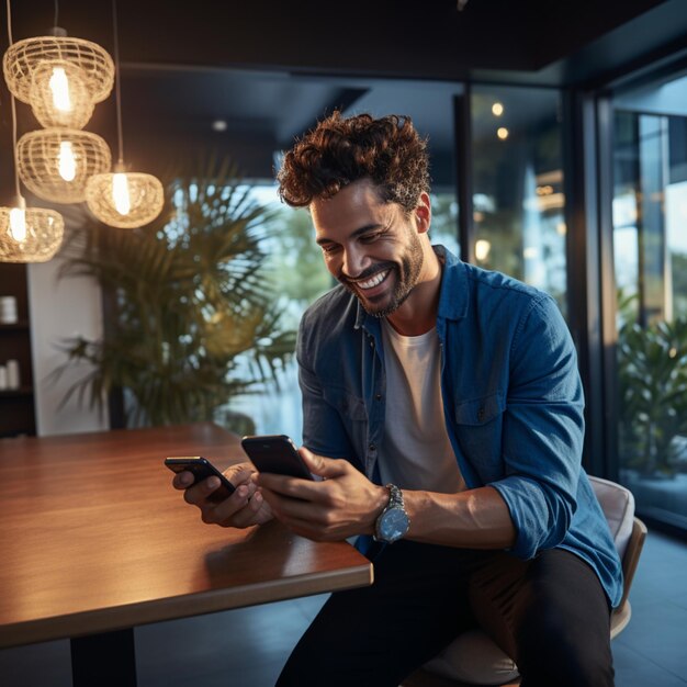 Foto um jovem usando smartphone e sorrindo