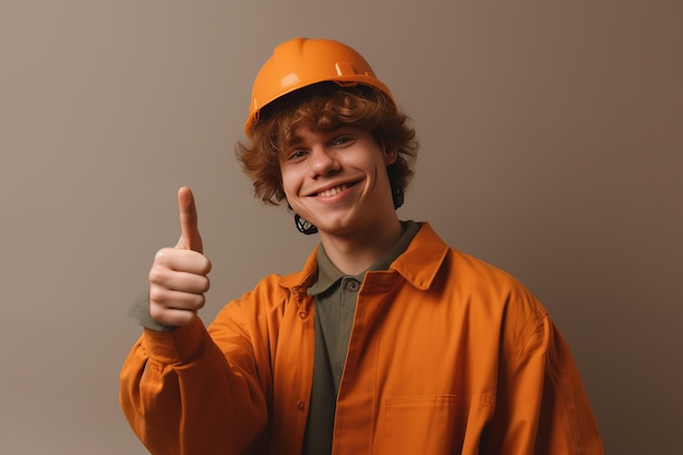Um jovem usando um capacete laranja e um capacete laranja dá um sinal de positivo.