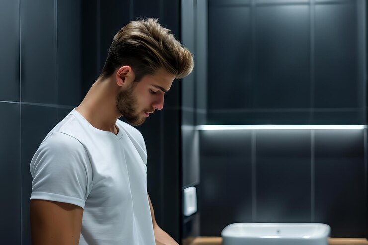 Foto um jovem usando um esfregão facial masculino de pé em um banheiro com decoração sofisticada escura