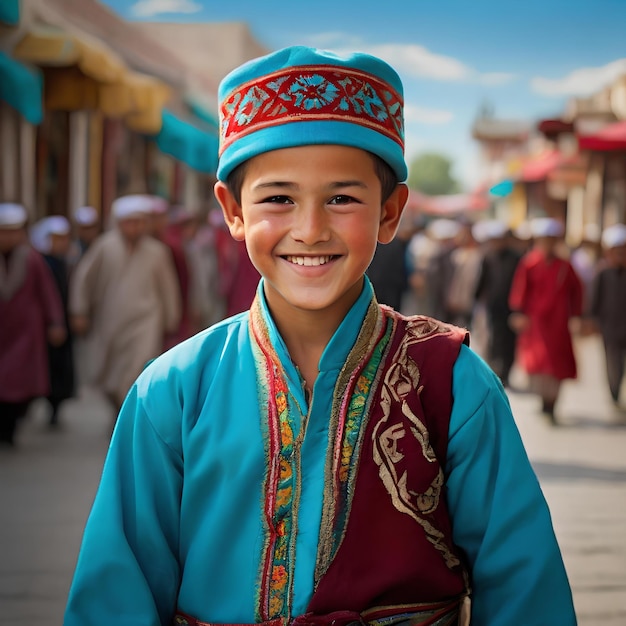 Foto um jovem uzbeque seu sorriso alegre complementando seu traje tradicional de uma túnica turquesa