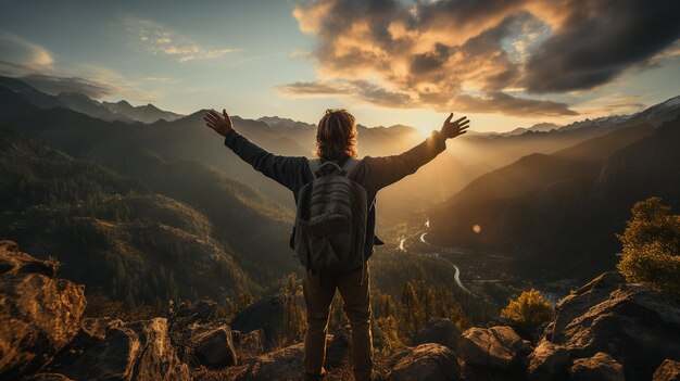 um jovem viajante em uma paisagem montanhosa fica no topo de uma montanha