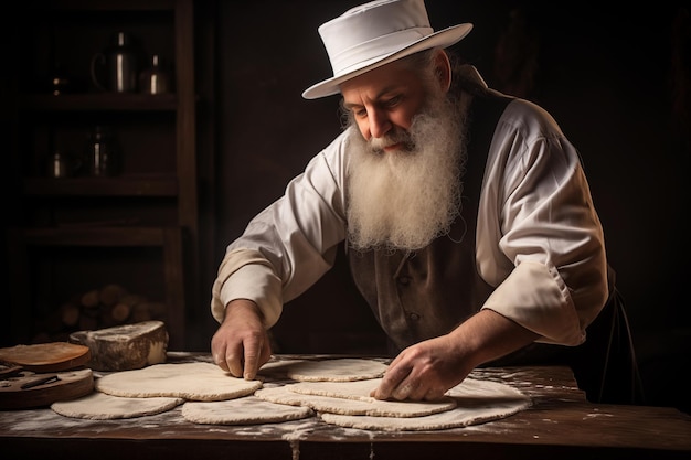 Foto um judeu ortodoxo fazendo kosher matzah caseiro no forno