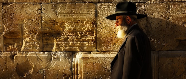 Foto um judeu ortodoxo religioso reza no muro occidental da cidade velha de jerusalém