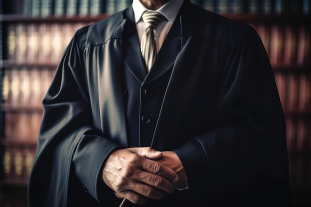 Um juiz em toga de juiz está na frente de um livro de direito.