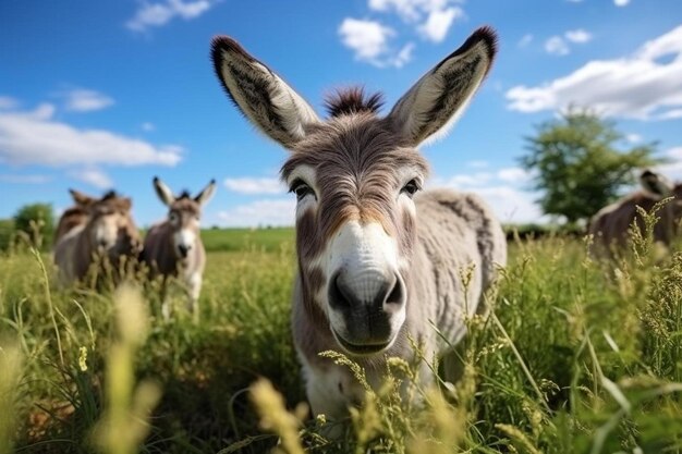 Foto um jumento está de pé na grama com outros animais