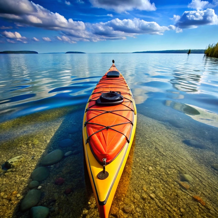 Foto um kayak está sentado na água com um fundo de céu