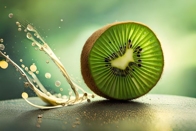 Um kiwi é colocado em um copo com um pouco de suco.