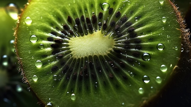 Um kiwi fatiado com gotas de água nele