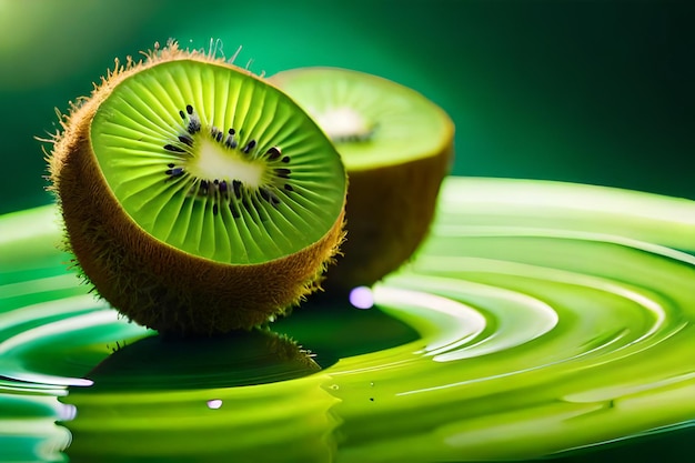 Um kiwi verde está em um prato verde.