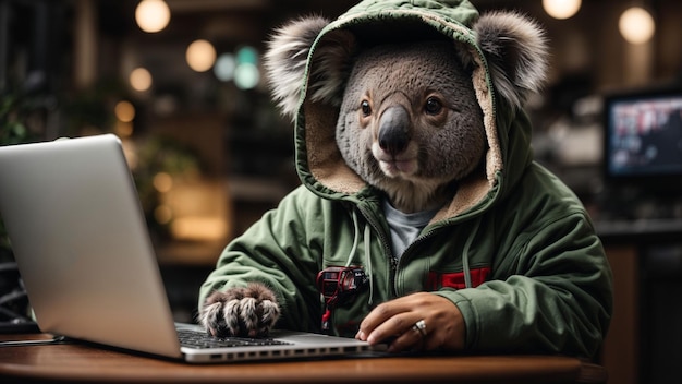 Foto um koala experiente em tecnologia em um capuz jogando videogames em um laptop de jogos com foco intenso