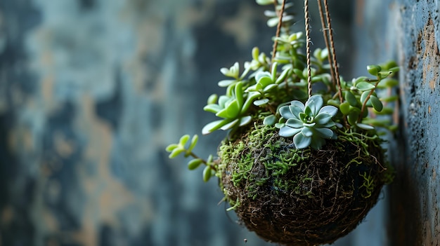 Foto um kokedama com cacto e suculenta planta tradicional japonesa