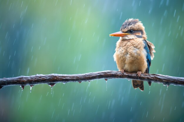 Foto um kookaburra encharcado de chuva num galho caído