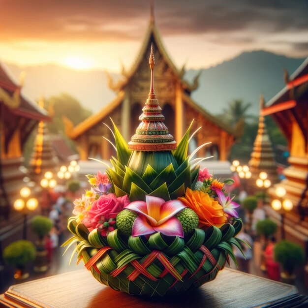 um Krathong intrincadamente desenhado com folhas de banana e adornado com flores vibrantes