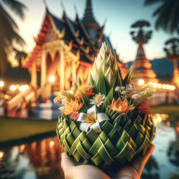 Foto um krathong intrincadamente desenhado com folhas de banana e adornado com flores vibrantes