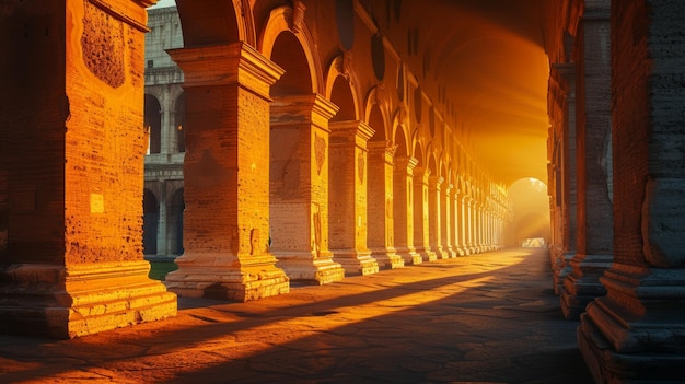 Um labirinto de arcos e colunas que lembram a arquitetura romana antiga, ambientada em uma iluminação dramática