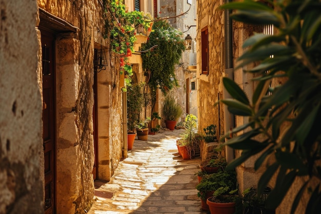 Um labirinto de ruas estreitas numa cidade mediterrânea gerada pela IA