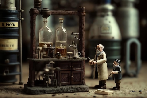 Um laboratório com ilustração de arte digital de cientistas em miniatura