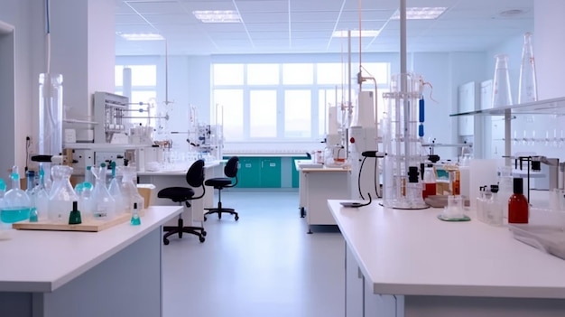 Um laboratório com muitos equipamentos de laboratório e uma mesa azul com uma mesa branca que diz equipamentos de laboratório.