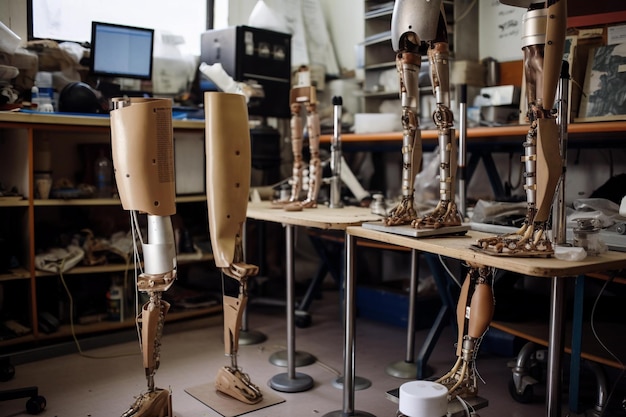 Um laboratório com pernas protéticas e uma mesa com um monitor de computador.