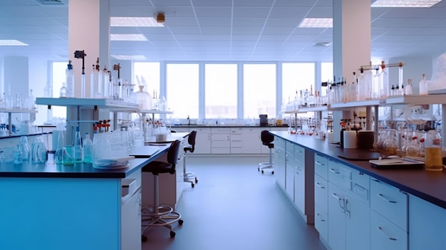 Um laboratório com uma mesa azul e prateleiras azuis com muito líquido.