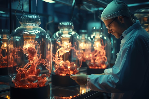 Um laboratório de biotecnologia cultivando órgãos e tecidos criados em laboratório gerados por IA