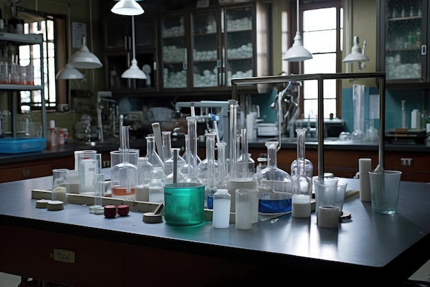 Um laboratório de ciências com frascos de béqueres e tubos de ensaio à vista criados com IA generativa