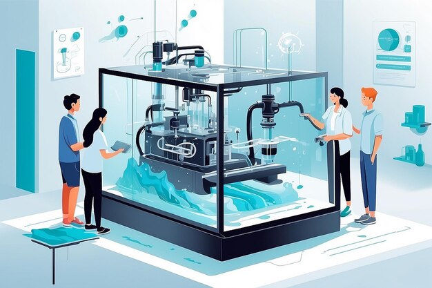 um laboratório de física com estudantes explorando os princípios da dinâmica de fluidos e ilustração vetorial hidráulica em estilo plano