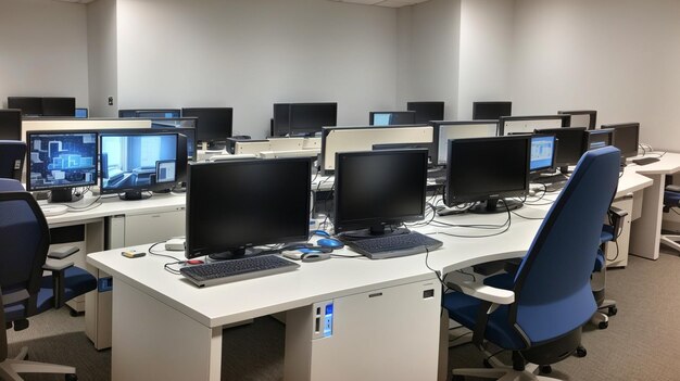 Foto um laboratório de informática de última geração com uma variedade de computadores, cada um com o mais recente hardware e software