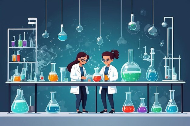 um laboratório de química com estudantes conduzindo experiências sobre polimerização e ilustração vetorial de ciência material em estilo plano