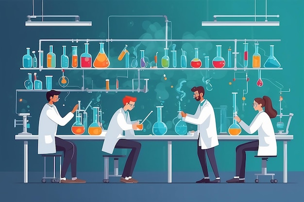 um laboratório de química com estudantes conduzindo experiências sobre reações químicas e ilustração vetorial de cinética em estilo plano