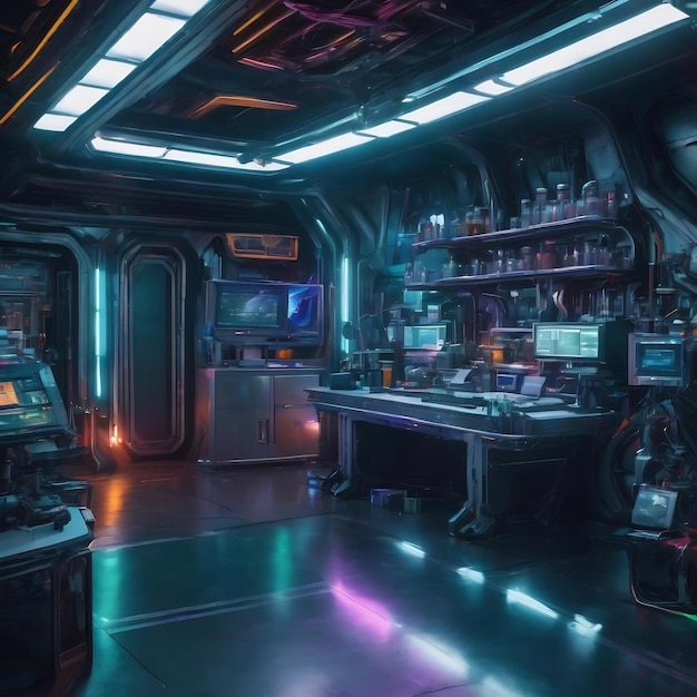 Um laboratório no interior de uma nave espacial e um pódio vazio para a apresentação de um cyberpunk