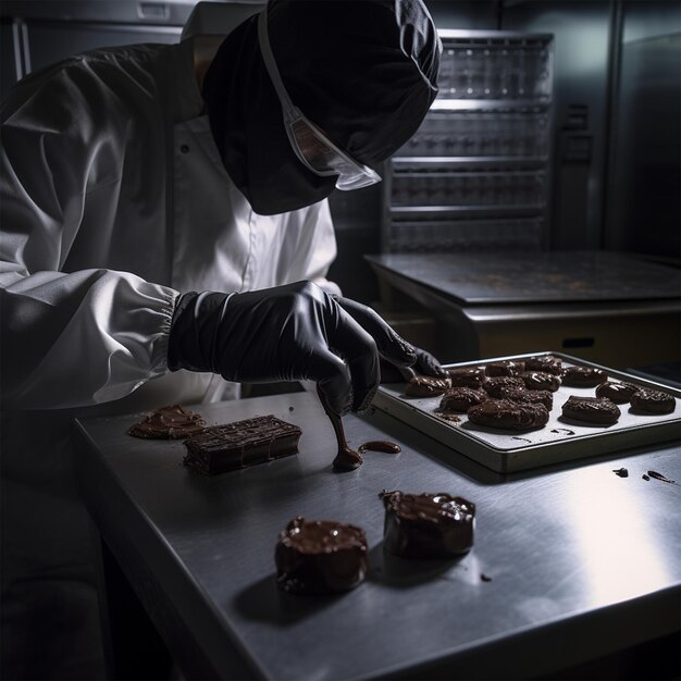 Foto um laboratório produz chocolate escuro comestível